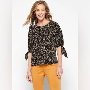 CeCe Black Ditsy Floral Elbow Tie Sleeve Blouse Size M